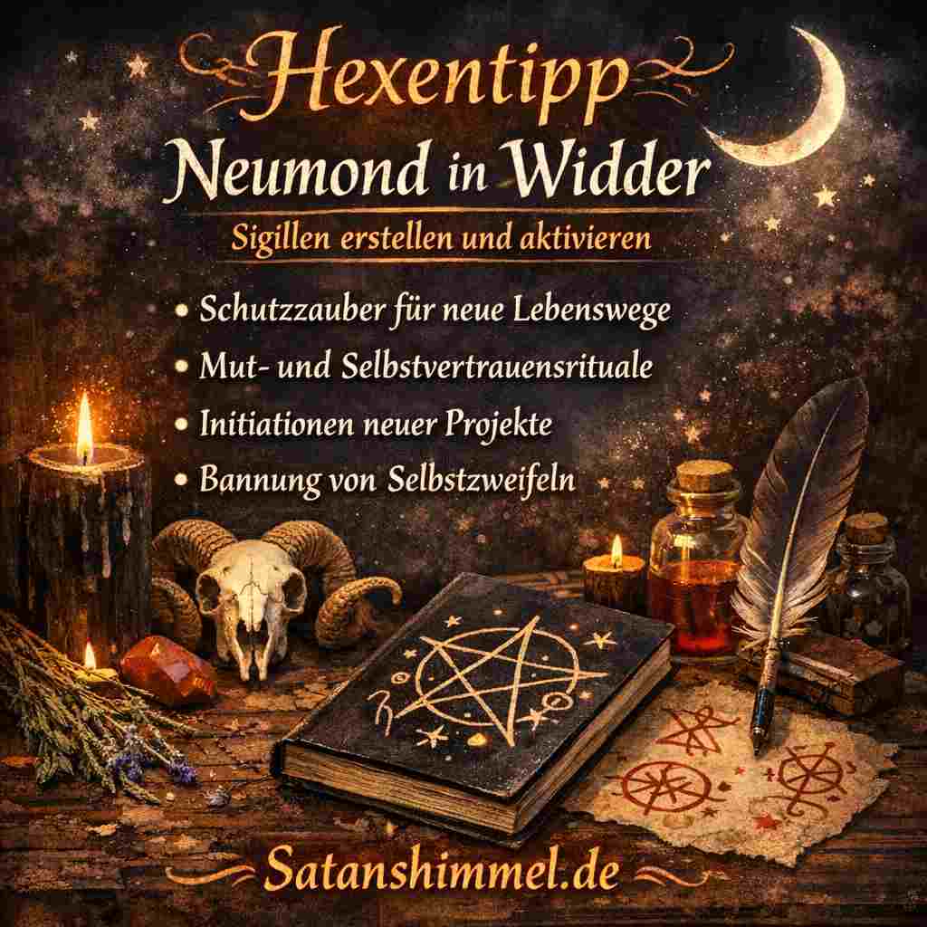 Der Neumond im Widder gilt in der Hexerei als kraftvoller Zeitpunkt für Schutzrituale, mutige Manifestationen und magische Neubeginne, die Willenskraft, Selbstbestimmung und energetische Durchsetzung stärken.