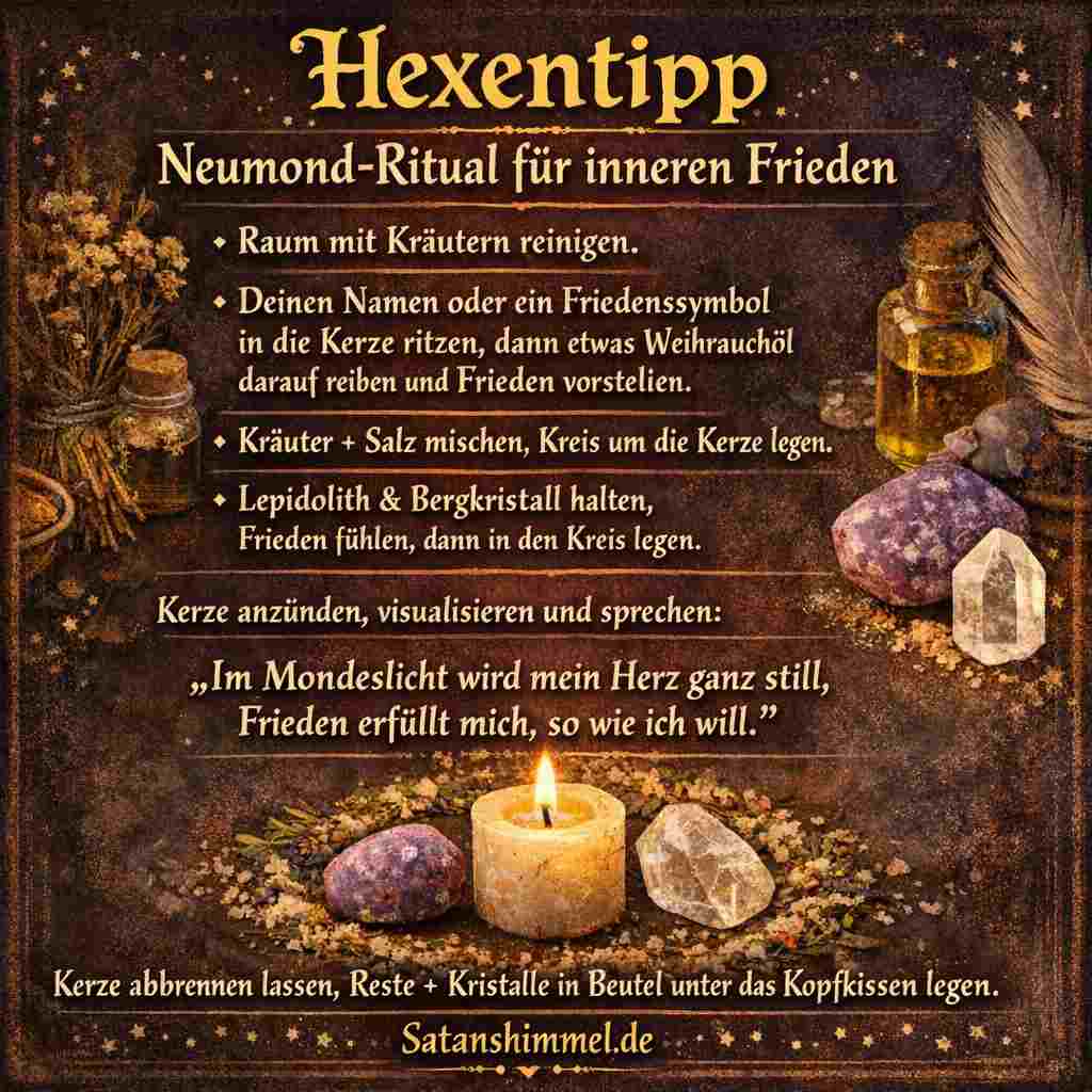Ein Neumond-Ritual hilft dir, inneren Frieden zu finden, indem du bewusst reinigst, visualisierst und deine Ruhe stärkst.