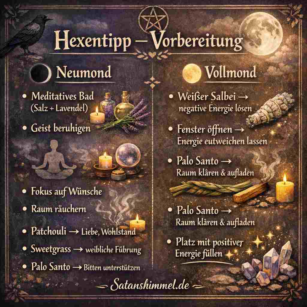 Beim Neumond geht es um innere Ruhe, Intention und Neubeginn, während der Vollmond der Reinigung, dem Loslassen negativer Energien und dem Aufladen mit positiver Kraft dient.
