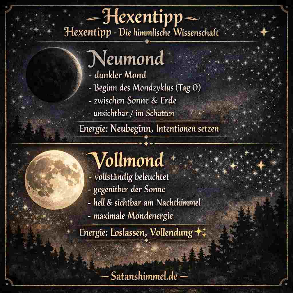 Wissenschaftlich betrachtet entstehen Neumond und Vollmond durch die relative Position von Sonne, Erde und Mond, wodurch der Mond entweder unbeleuchtet erscheint (Neumond) oder vollständig von der Sonne angestrahlt wird (Vollmond).