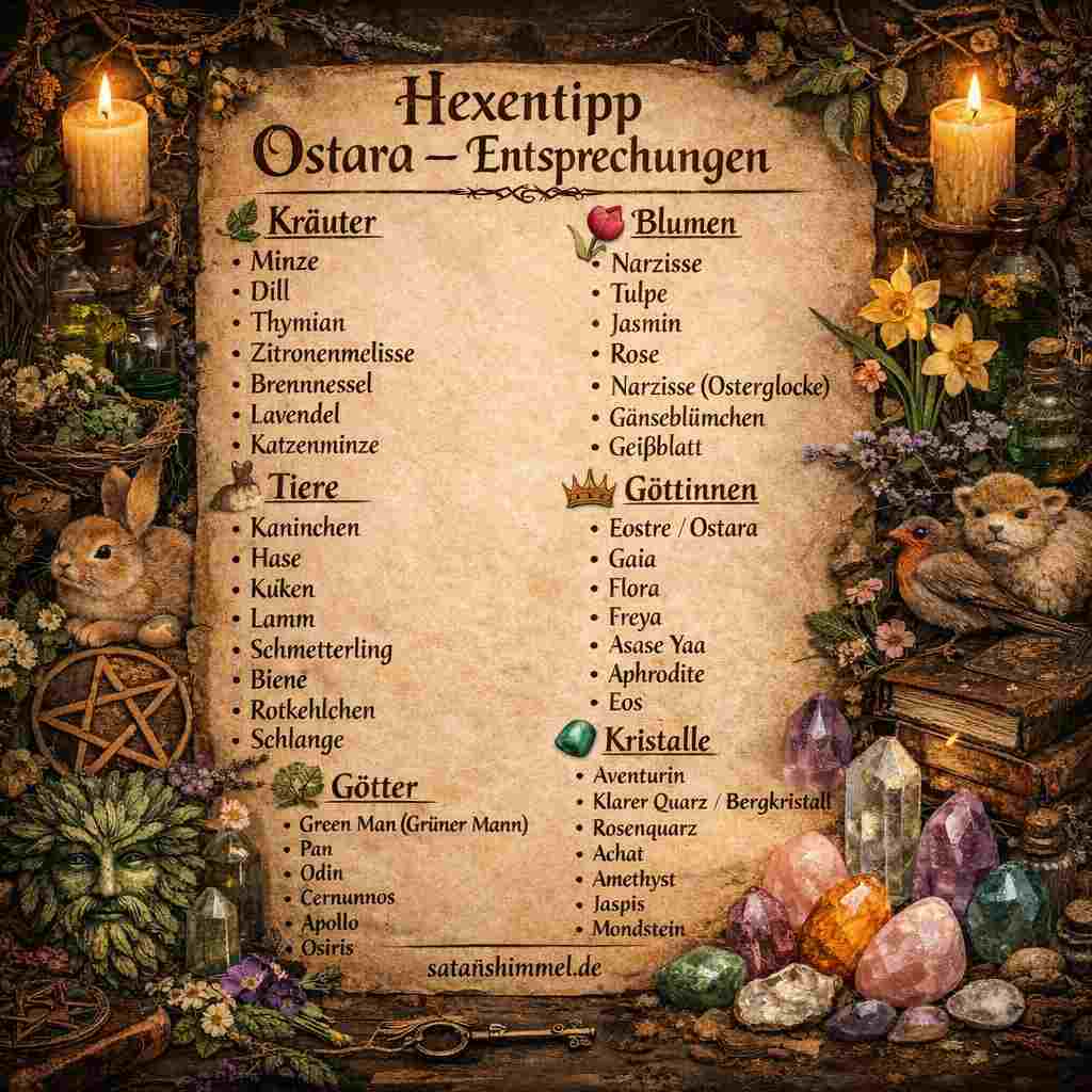 Typische Entsprechungen zu Ostara sind Hasen, Eier, Frühlingsblumen, die Farben Grün und Pastell sowie Energien von Erneuerung, Wachstum und Fruchtbarkeit.