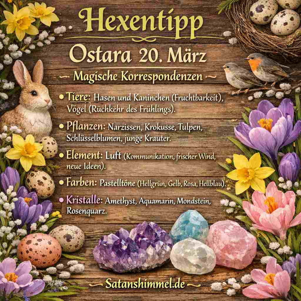 Ostara-Korrespondenzen umfassen Symbole des Frühlings wie Hasen, Eier, junge Pflanzen, die Farben Grün und Pastell, Blumen wie Narzissen oder Krokusse sowie Energien von Erneuerung, Fruchtbarkeit und Gleichgewicht zwischen Licht und Dunkelheit.