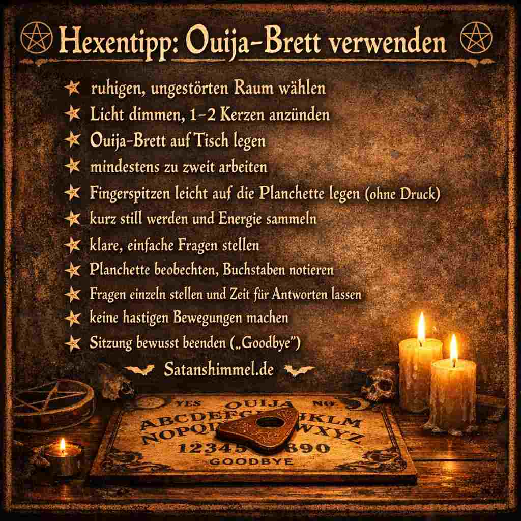 Ein Ouija-Brett wird genutzt, indem mehrere Personen ihre Fingerspitzen leicht auf die Planchette legen und durch ruhige, klare Fragen versuchen, Botschaften Buchstabe für Buchstabe zu erhalten.