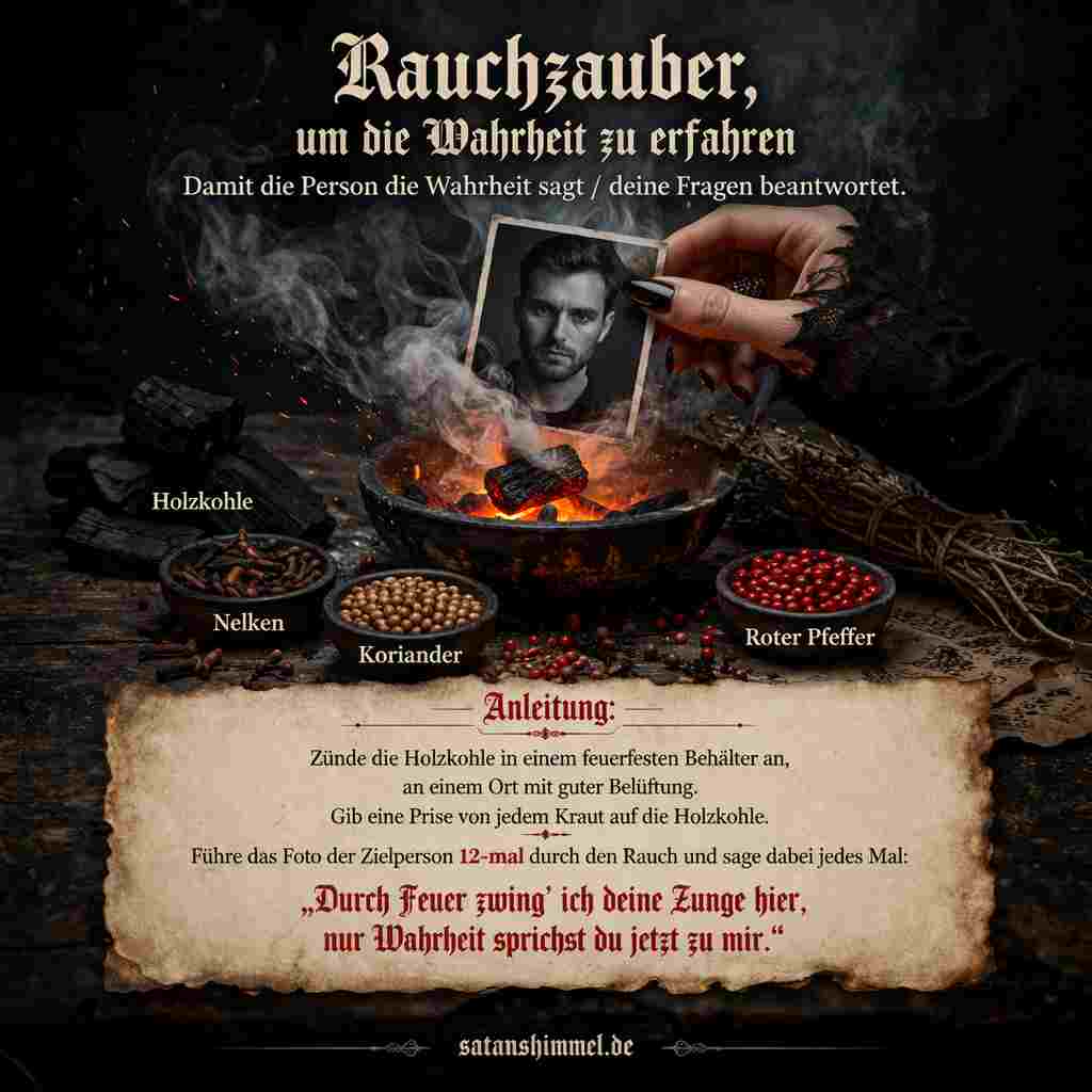 Dieses Rauchritual gehört in der Hexerei zur Kategorie der Wahrheitszauber, bei denen symbolischer Rauch genutzt wird, um verborgene Gedanken zu klären oder Antworten sichtbar zu machen