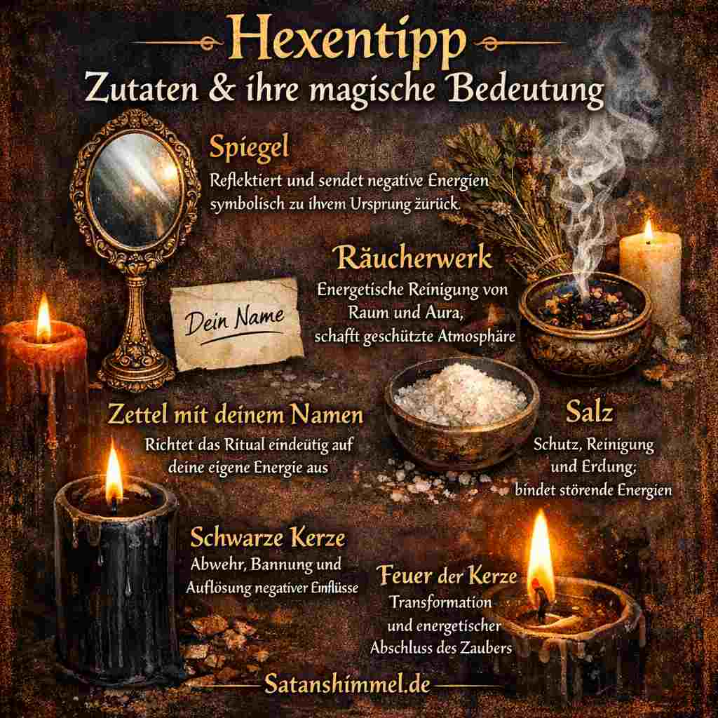 Diese Zutaten stehen in der Hexerei symbolisch für Schutz, Reinigung, Erdung, Abwehr negativer Einflüsse sowie für die bewusste Ausrichtung und Transformation der eigenen Energie innerhalb eines Rituals.