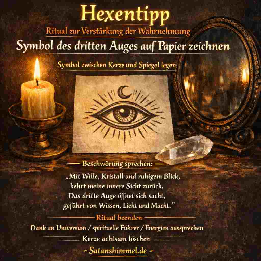 In der Hexerei gilt das dritte Auge als Symbol für Intuition, innere Erkenntnis und die Fähigkeit, verborgene Energien oder spirituelle Wahrheiten wahrzunehmen.