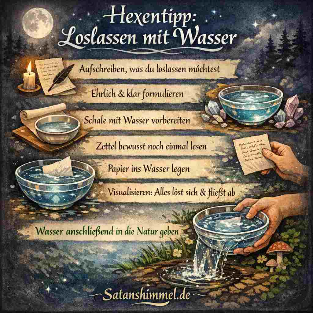 Dieses Ritual hilft dir, belastende Gedanken oder Gefühle bewusst loszulassen, indem du sie aufschreibst, im Wasser symbolisch auflöst und der Natur übergibst.