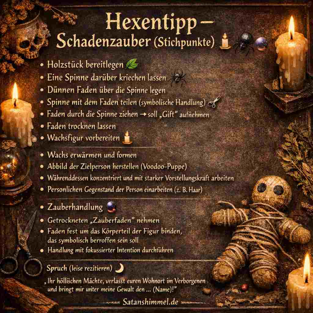 Ein Schadenzauber bezeichnet in der Hexerei eine angebliche magische Handlung, die symbolisch darauf abzielt, einer Person Unglück oder negative Energie zuzuschreiben.
