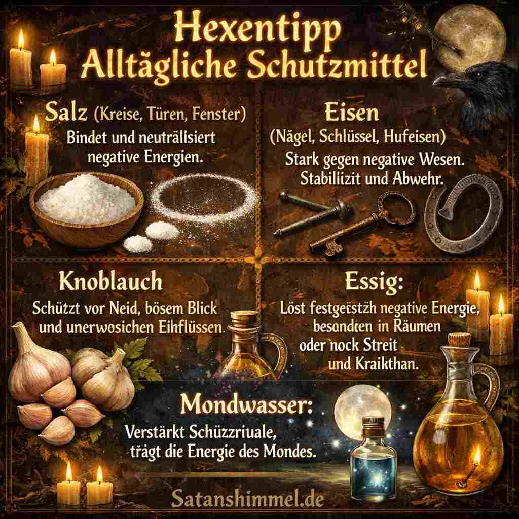 Diese alltäglichen Mittel werden traditionell genutzt, um symbolischen Schutz zu stärken und negative Energien aus dem eigenen Umfeld fernzuhalten.