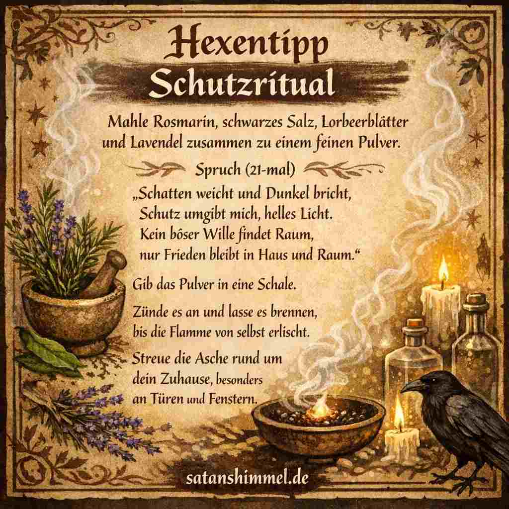 Bei diesem Ritual werden schützende Kräuter zu Pulver verarbeitet, verbrannt und die Asche anschließend als symbolischer Schutz rund um das Zuhause verstreut.