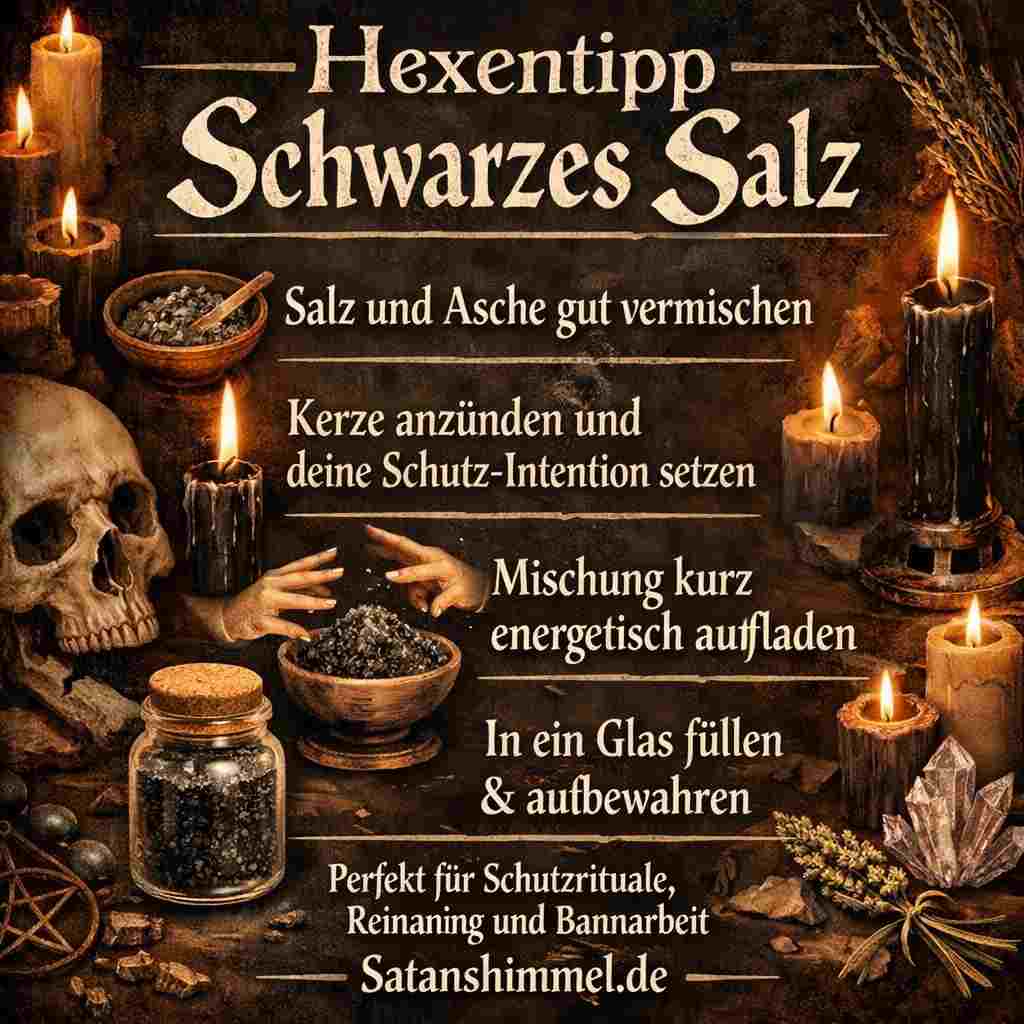 Schwarzes Salz kannst du in einem einfachen Ritual herstellen, indem du gewöhnliches Salz mit Asche, Kräuterasche, Kerzenruß oder Holzkohle mischst und dabei deine Schutz- oder Bannungsintention fokussierst.