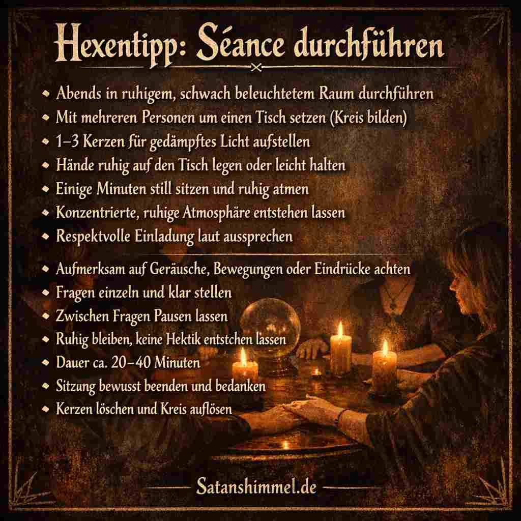 Eine Séance ist ein spirituelles Treffen, bei dem Menschen versuchen, in ruhiger Atmosphäre Kontakt zu Geistern oder Verstorbenen aufzunehmen.