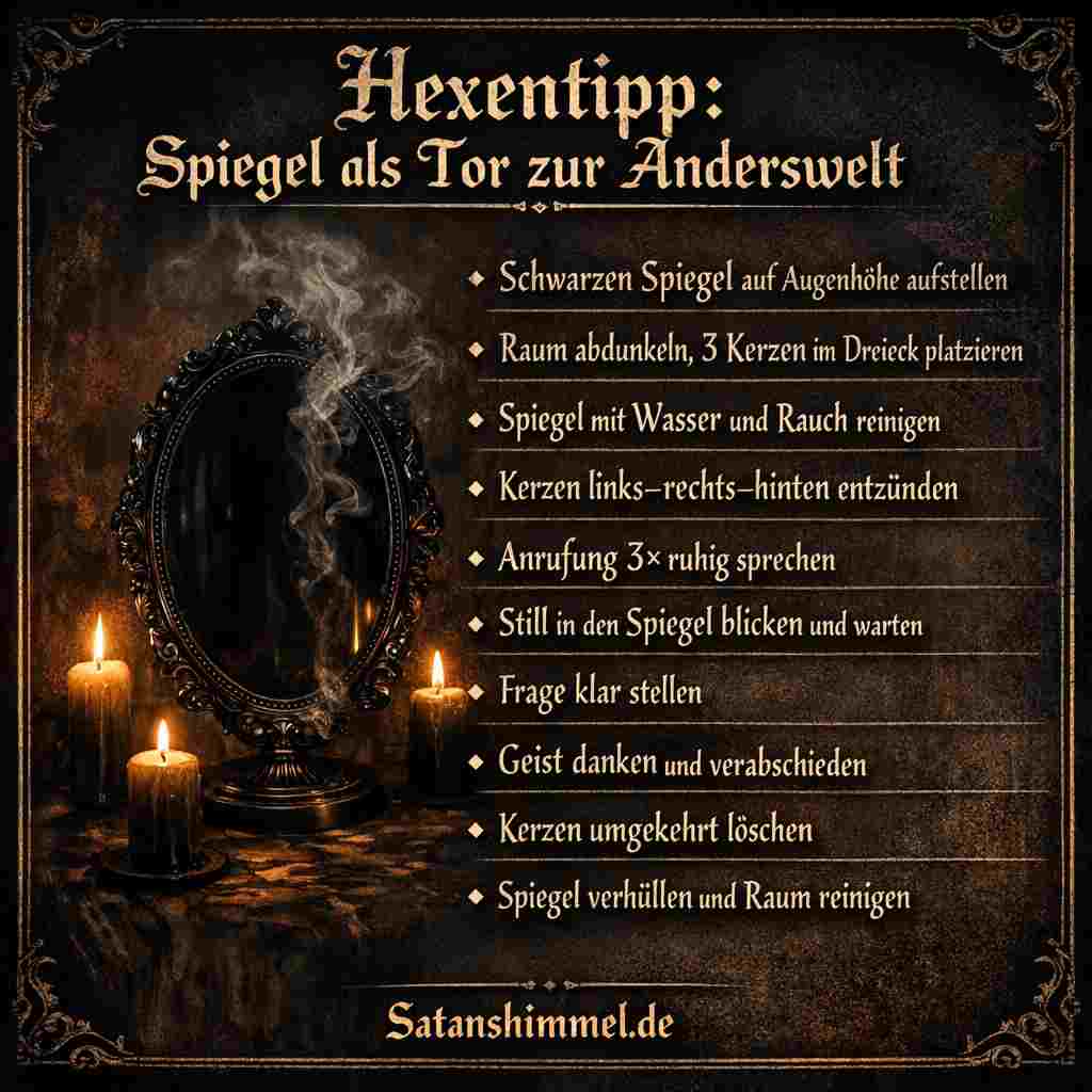 Ein magischer Spiegel gilt in der Geisterbeschwörung als symbolisches Tor zur Anderswelt, durch das Botschaften aus verborgenen Ebenen wahrgenommen werden können.
