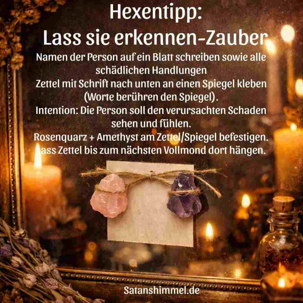 Dieses Ritual nutzt die Kraft des Spiegels, der Kristalle und des Mondzyklus, um verborgene Wahrheiten sichtbar zu machen und Erkenntnis über Handlungen und ihre Wirkung entstehen zu lassen.