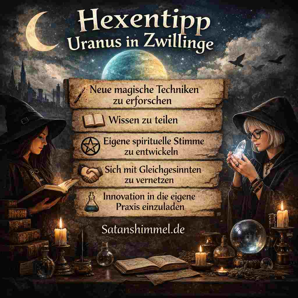 Uranus in Zwillinge bringt in der Hexerei den Impuls, neue magische Techniken zu entdecken, Wissen frei zu teilen und die eigene spirituelle Stimme innovativ zu entwickeln.