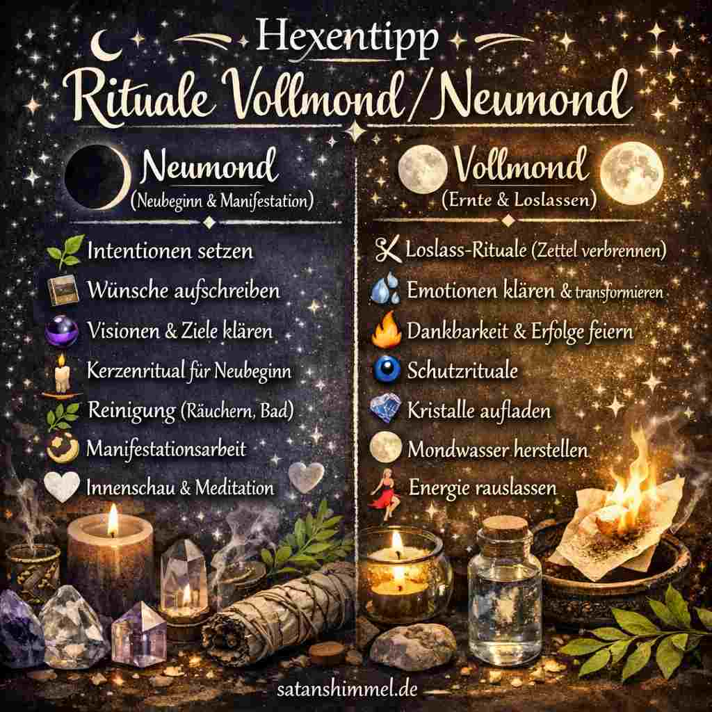 Hexen nutzen den Neumond für Neubeginn und Intentionen, während der Vollmond dem Loslassen, der Reinigung und der Vollendung dient.