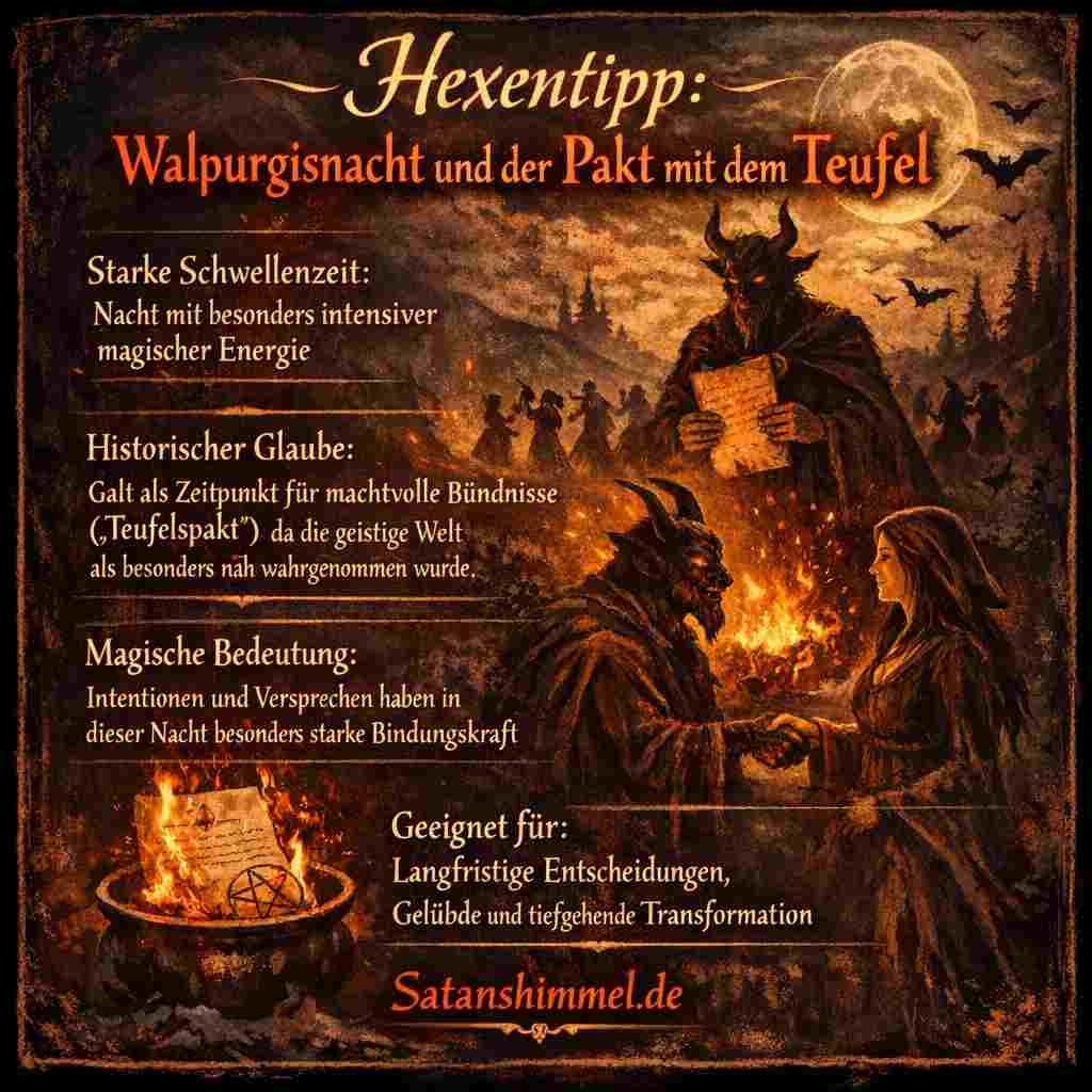 Zur Walpurgisnacht ist der Teufelspakt in der Hexerei besonders wirksam, weil diese Schwellenzeit die geistige Welt öffnet und Versprechen eine außergewöhnlich starke, bindende Kraft entfalten.