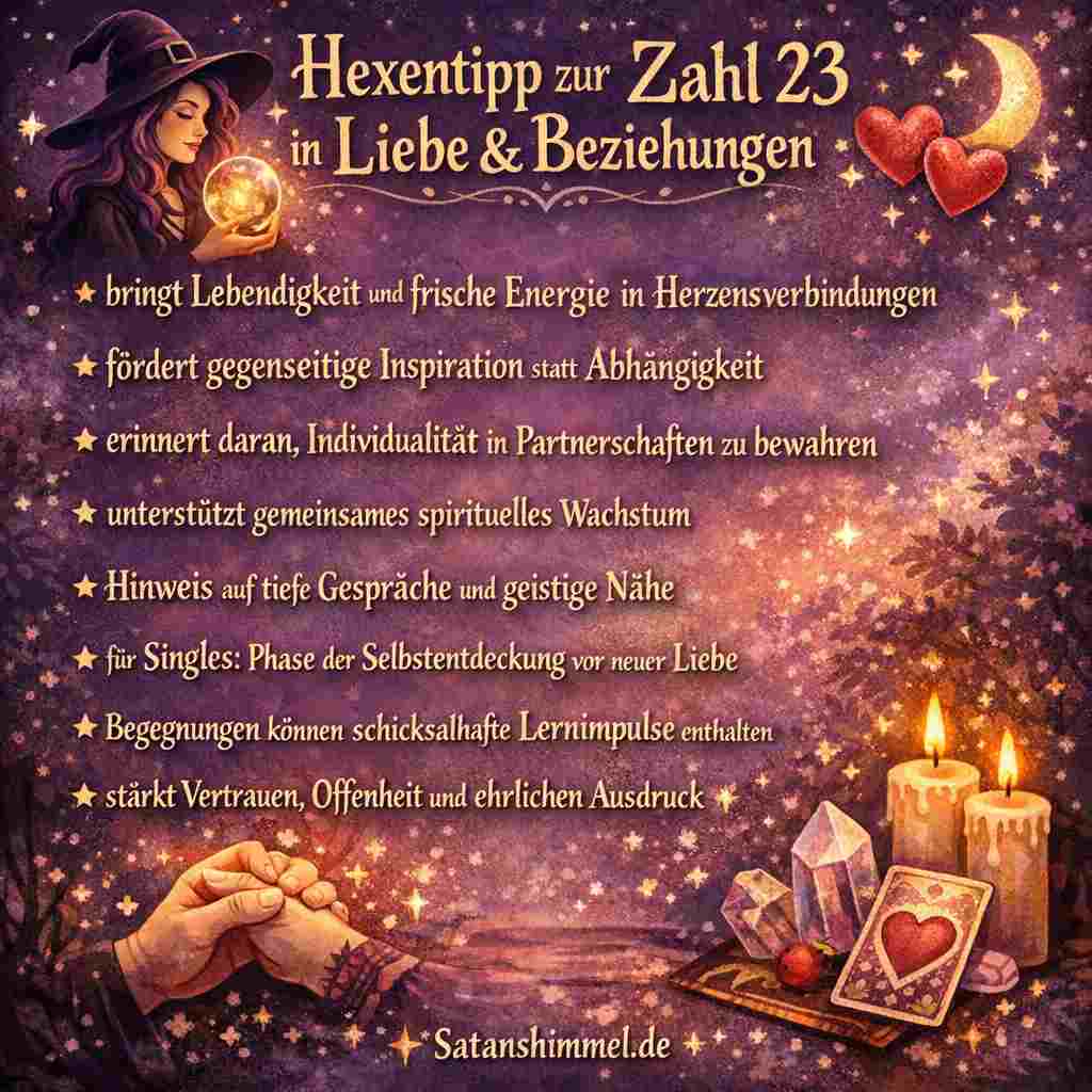 Die Zahl 23 in der Liebe steht für lebendige, inspirierende Beziehungen, in denen Freiheit und Individualität bewahrt bleiben, während beide Partner gemeinsam seelisch wachsen und sich ehrlich begegnen.