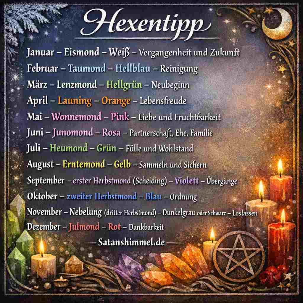 In der Hexerei werden Mondnamen und Farben symbolisch kombiniert, um die jeweilige Energie des Monats zu verstärken – etwa Weiß für den Eismond im Januar zur Besinnung auf Vergangenheit und Zukunft oder Grün für den Heumond im Juli als Zeichen für Fülle und Wachstum.