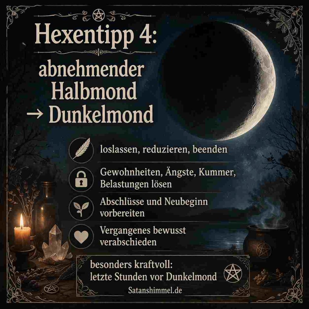 Die Phase vom abnehmenden Halbmond zum Dunkelmond lädt dazu ein, bewusst loszulassen, Gewohnheiten, Ängste und Belastungen zu lösen, Vergangenes dankbar zu verabschieden und inneren Raum zu schaffen, um einen klaren und kraftvollen Neubeginn vorzubereiten.