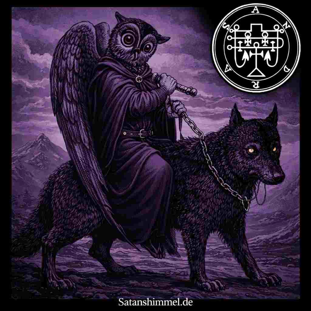 Der Dämon Andras und sein Siegel für die Beschwörung (oben rechts). Dieser Dämon wird oft für Voodoo-Zauber verwendet. 