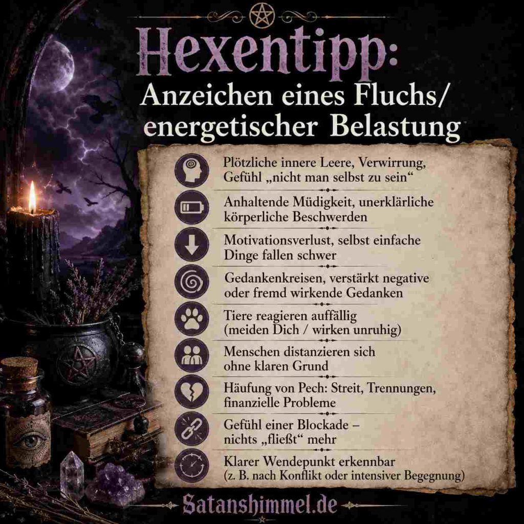 In der Hexerei gelten plötzliche Erschöpfung, anhaltendes Pech, innere Unruhe und das Gefühl, nicht mehr man selbst zu sein, als mögliche Anzeichen eines Fluchs oder einer negativen energetischen Beeinflussung.