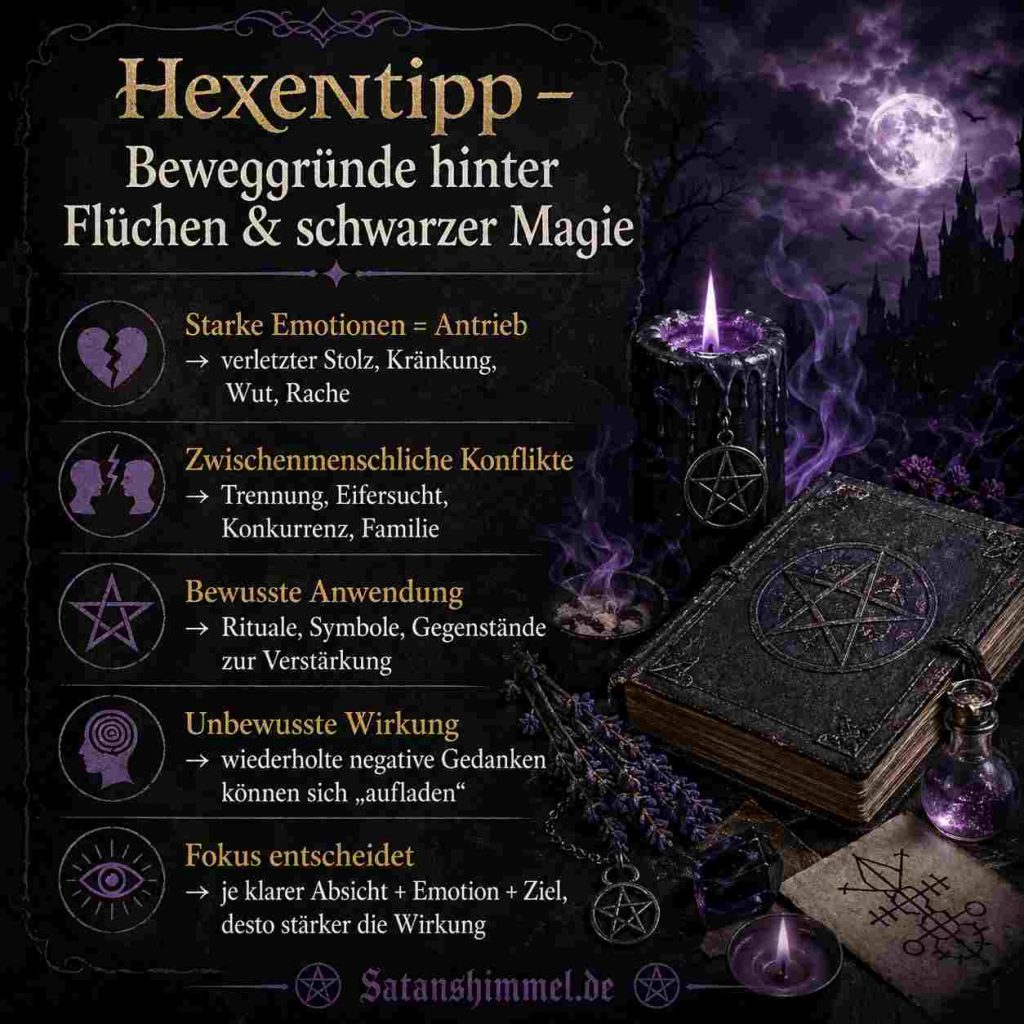 Gründe für schwarze Magie werden oft in dem Wunsch gesehen, Macht auszuüben, Kontrolle über Situationen oder Menschen zu erlangen oder persönliche Emotionen wie Rache, Angst oder Neid auszudrücken.