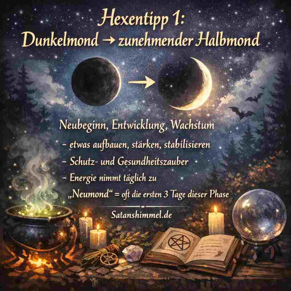 Dunkelmond bis zunehmender Halbmond steht für Neubeginn, Entwicklung und Wachstum, in dem sich Energie täglich verstärkt und Vorhaben aufgebaut, gestärkt, stabilisiert sowie Schutz- und Gesundheitszauber unterstützt werden.