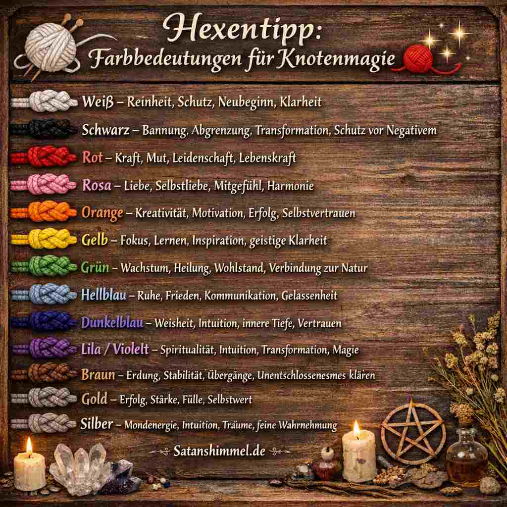 Farben in der Knotenmagie werden traditionell bestimmten Absichten zugeordnet, sodass die Wahl der Fadenfarbe die symbolische Energie eines Rituals gezielt unterstützen soll.