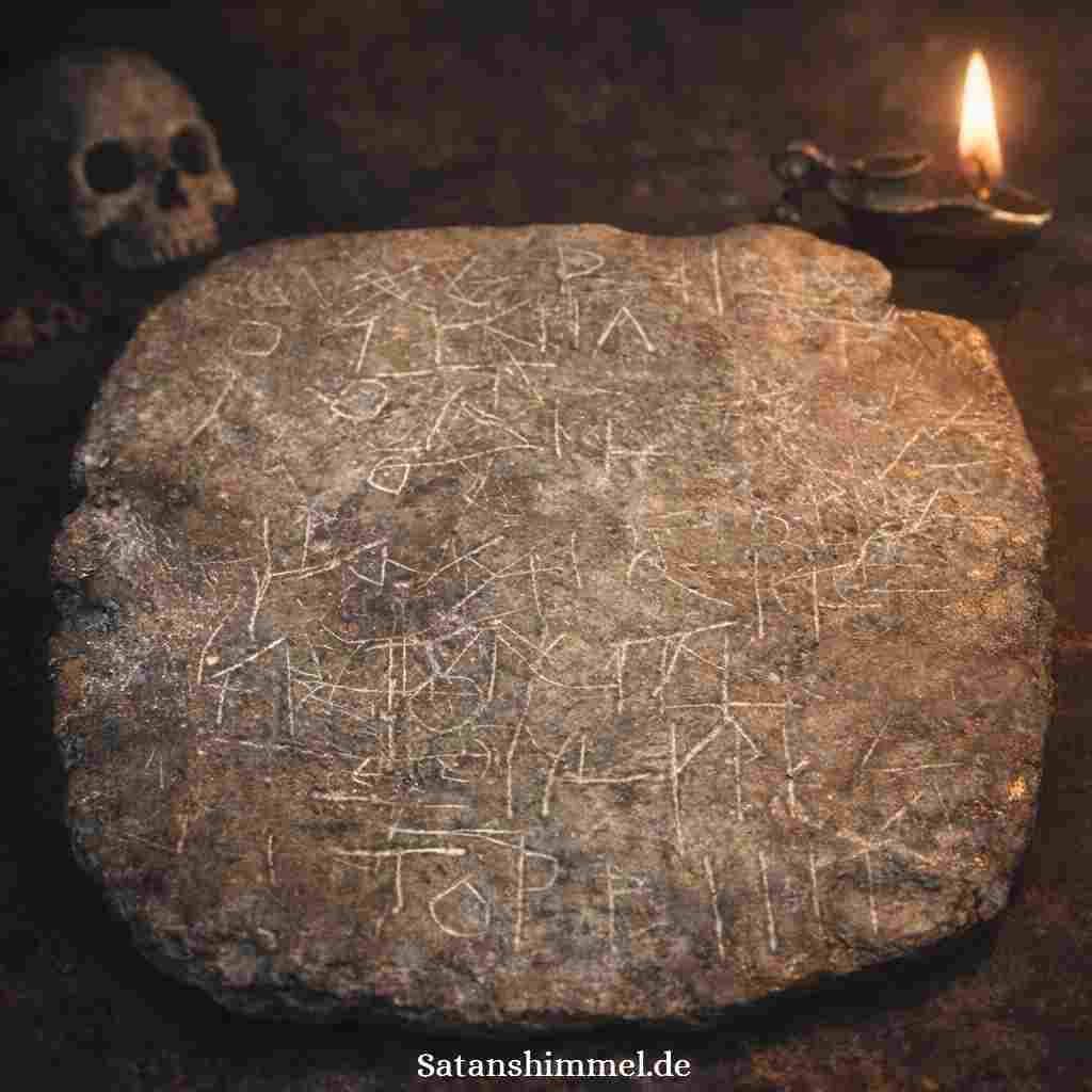 Abbildung: Voodoo-Fluchtafel, die in Eyguieres gefunden wurde (Bouches-du-Rhône). Sie besteht aus Blei und ist mit geheimen Zeichen versehen. Fluchtafeln sind seit der Antike weit verbreitete Form des Schadenzaubers.