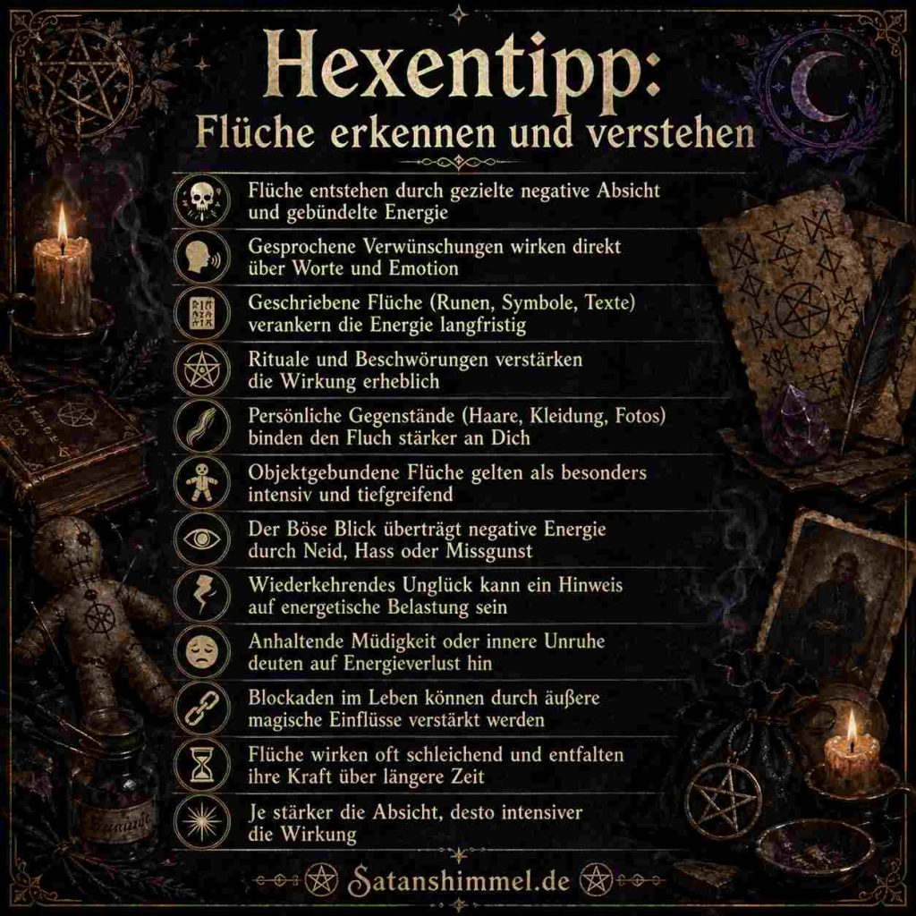 In der Hexerei bedeutet das Erkennen und Verstehen von Flüchen, subtile energetische Störungen, wiederkehrende negative Muster und gezielte Absichten hinter ungewöhnlichen Ereignissen bewusst wahrzunehmen und zu deuten.
