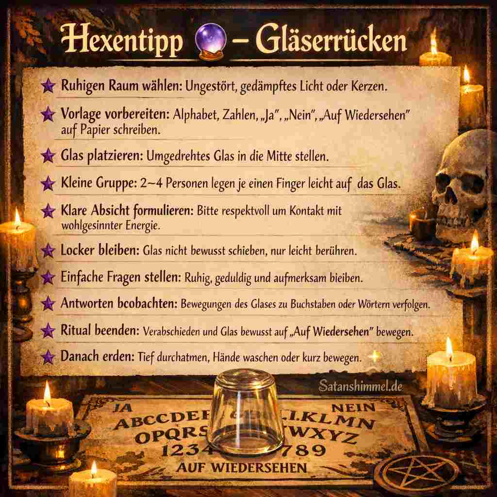 Gläserrücken gilt im Volksglauben als Methode, bei der ein umgedrehtes Glas als Kommunikationsmittel dient, um mit Geistern in Kontakt zu treten.