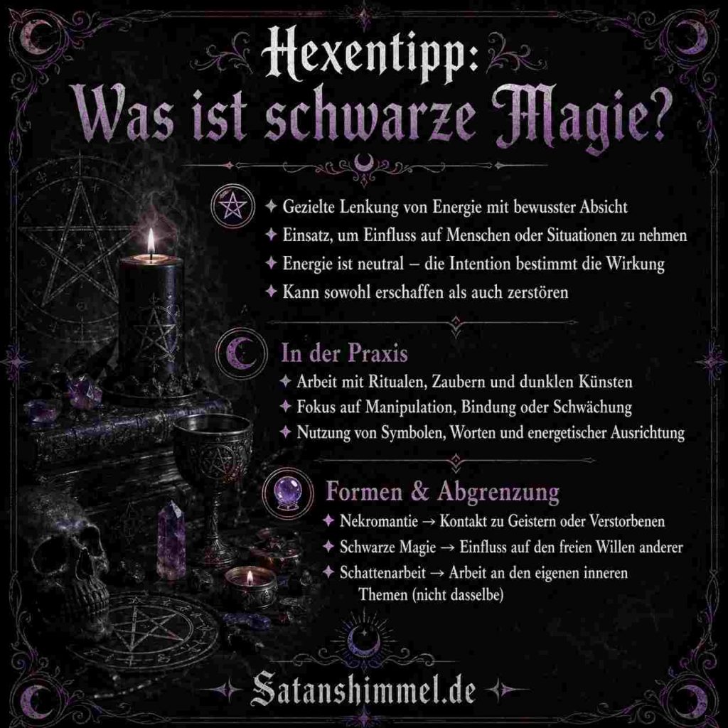 Schwarze Magie ist die bewusste Anwendung von Ritualen, Symbolen oder Vorstellungen, um Einfluss auf Menschen oder Situationen zu nehmen, wobei die Intention als entscheidend für die Wirkung gilt.