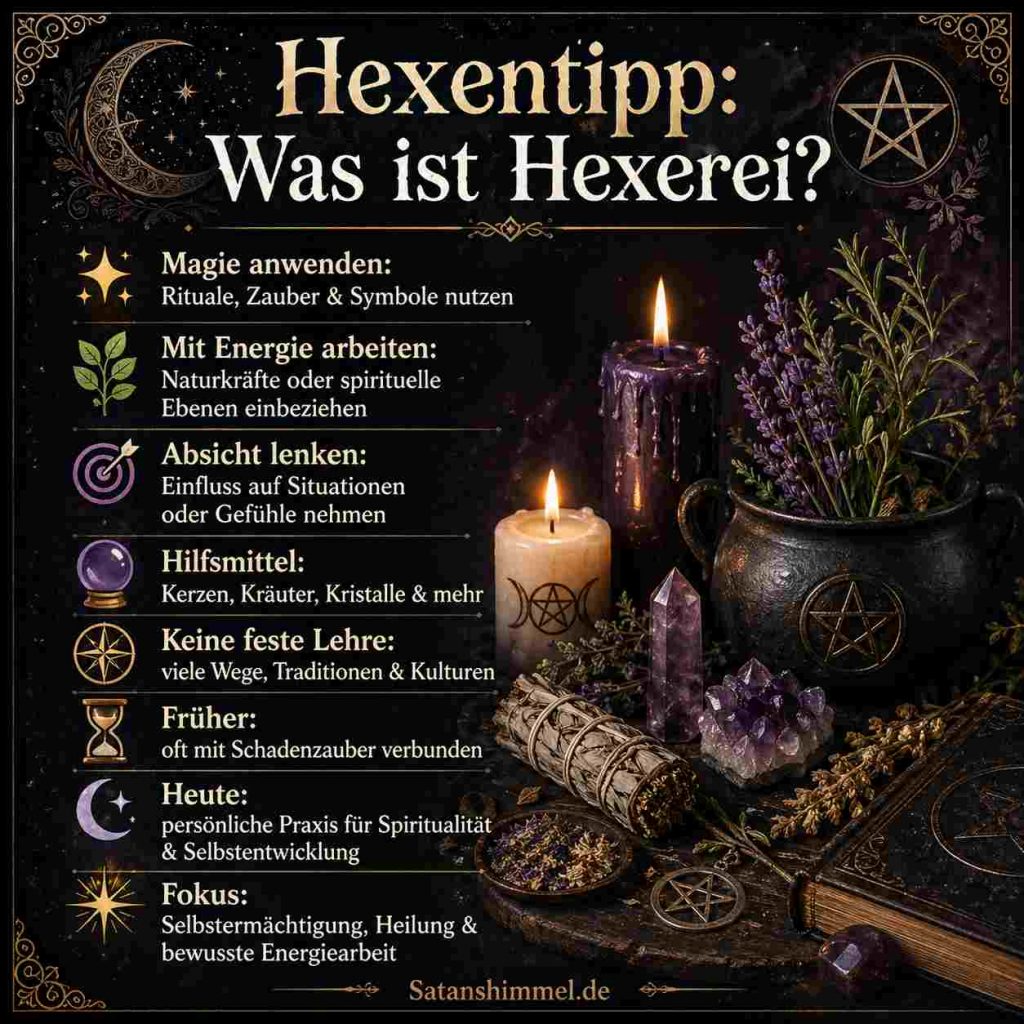 Hexerei ist die Praxis, durch Rituale, Symbole und bewusste Absicht mit Energie zu arbeiten, um Einfluss auf sich selbst, andere oder Situationen zu nehmen.