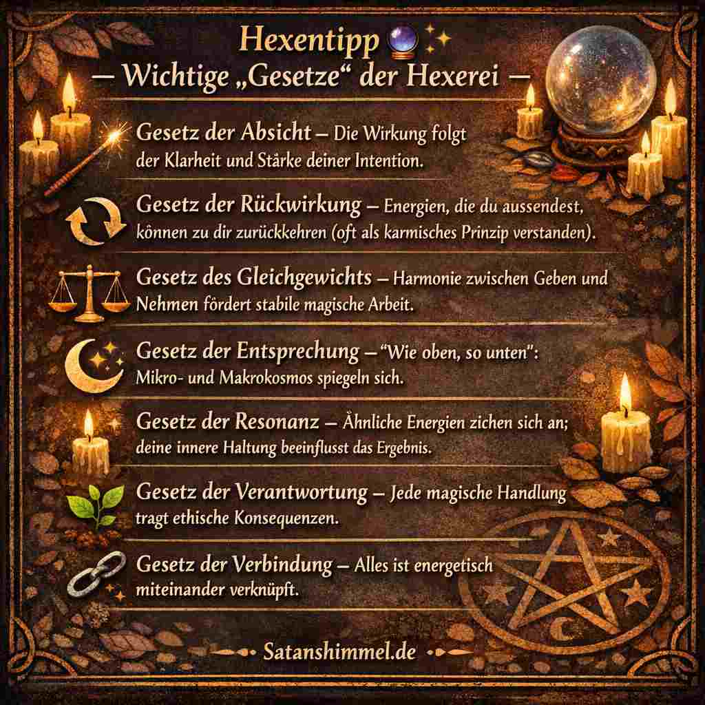 Das bekannteste, oft mit Flüchen verbundene Prinzip in der Hexerei ist die Dreifache Rückkehr („Threefold Law“), nach der jede ausgesendete Energie – ob positiv oder negativ – dreifach zu der Person zurückkehrt.