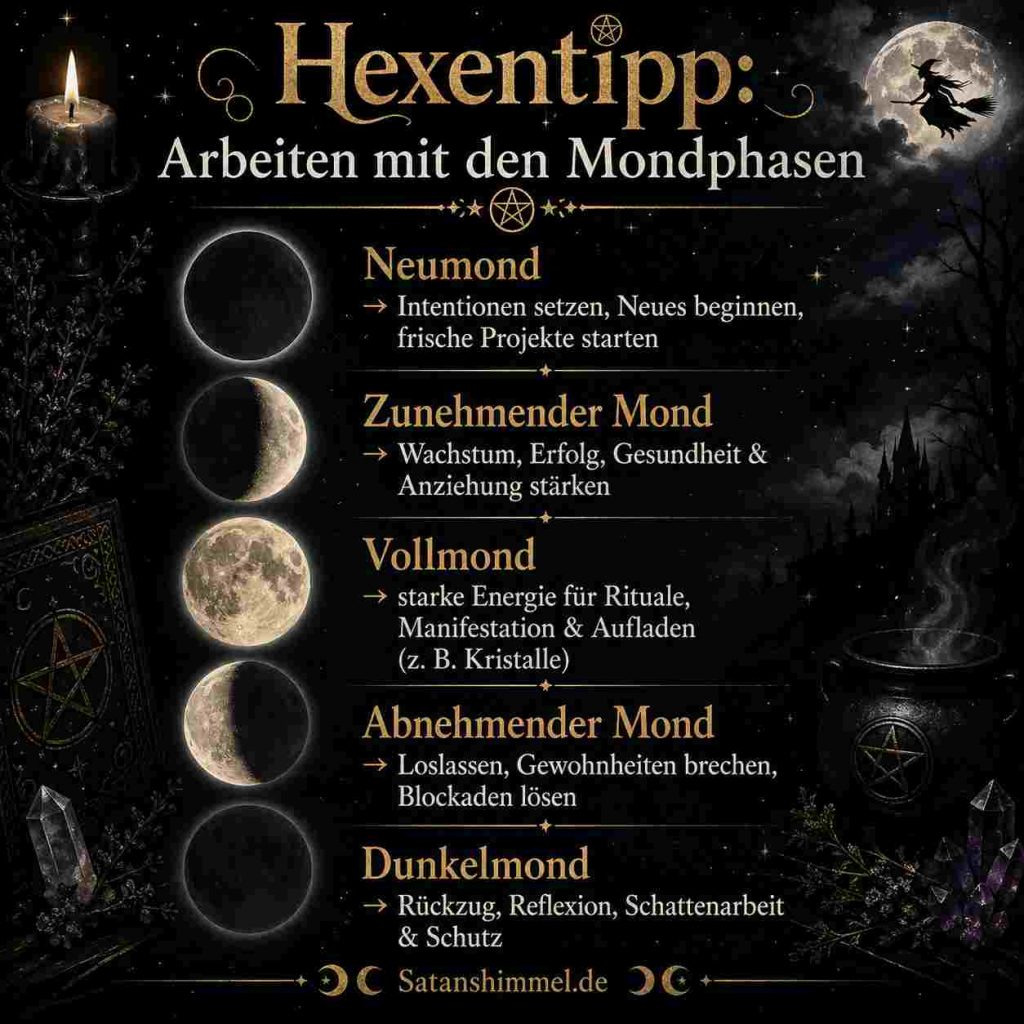 Mondphasen gelten in der Hexerei als energetischer Rhythmus, der bestimmt, wann man am besten manifestiert, stärkt, loslässt oder nach innen schaut.