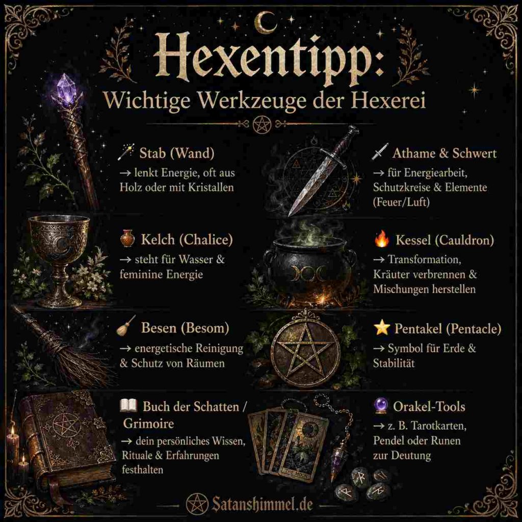 Werkzeuge der Hexerei dienen dazu, Energie zu lenken, Rituale zu unterstützen und spirituelle Absichten bewusst zu fokussieren.