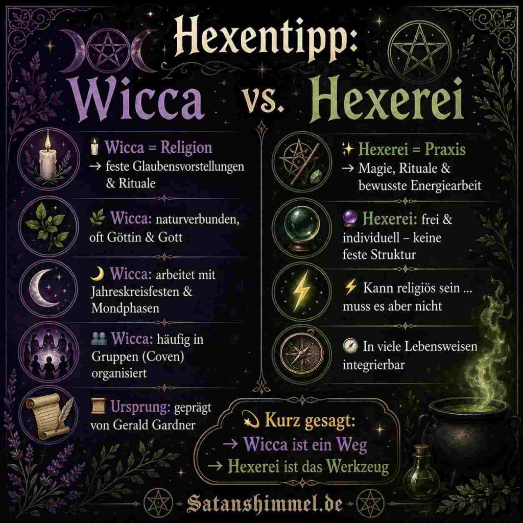 Hexerei ist eine freie, individuelle Praxis der Magie, während Wicca eine strukturierte, naturverbundene Religion ist, die u. a. von Gerald Gardner geprägt wurde.