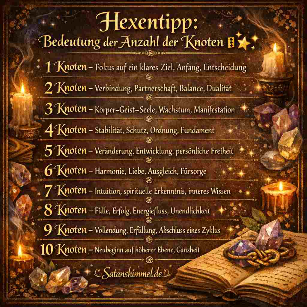 In der Hexerei steht die Anzahl der Knoten für die gezielte Lenkung von Energie und Absicht – jeder Knoten verstärkt einen bestimmten Aspekt wie Schutz, Liebe, Veränderung oder Manifestation und unterstützt so die Wirkung eines Zaubers.