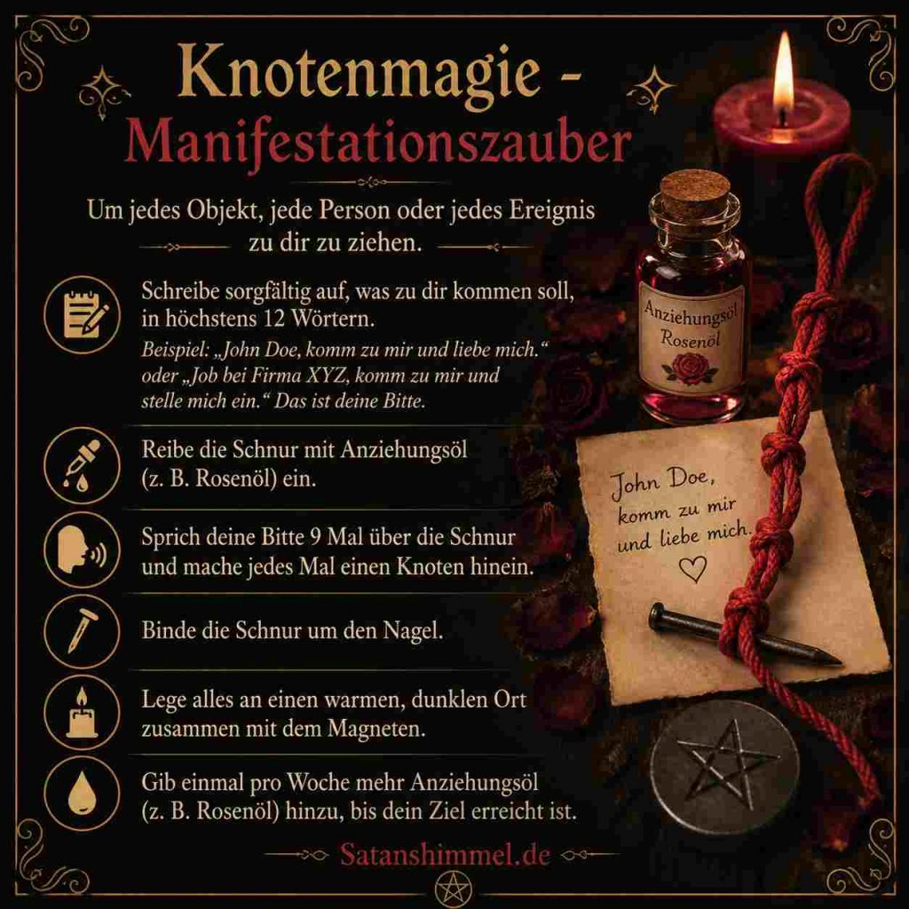 Knotenmagie ist eine Form von Liebeszauber, bei der durch das Knüpfen von Knoten eine Absicht – meist Anziehung oder Liebe – symbolisch gebunden und verstärkt wird.