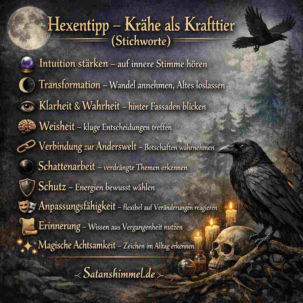 Die Krähe als Krafttier steht für 🔮 Intuition, 🌑 Transformation und 👁️ die Fähigkeit, verborgene Wahrheiten zu erkennen und den eigenen Weg bewusst zu gehen.