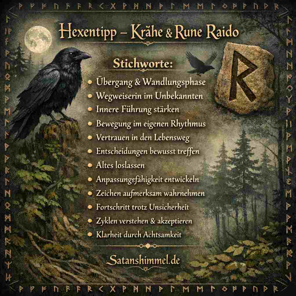 Die Krähe und die Rune Raido symbolisieren den Weg der inneren Führung – sie erinnern daran, Veränderungen bewusst anzunehmen und dem eigenen Lebensrhythmus zu vertrauen.