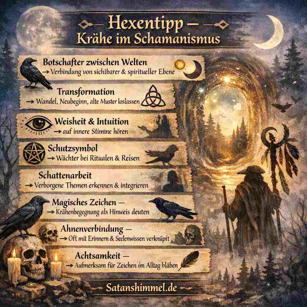 Die Krähe gilt im Schamanismus als kraftvolles Symbol für Transformation, Intuition und als Botschafterin zwischen der sichtbaren Welt und der spirituellen Ebene.