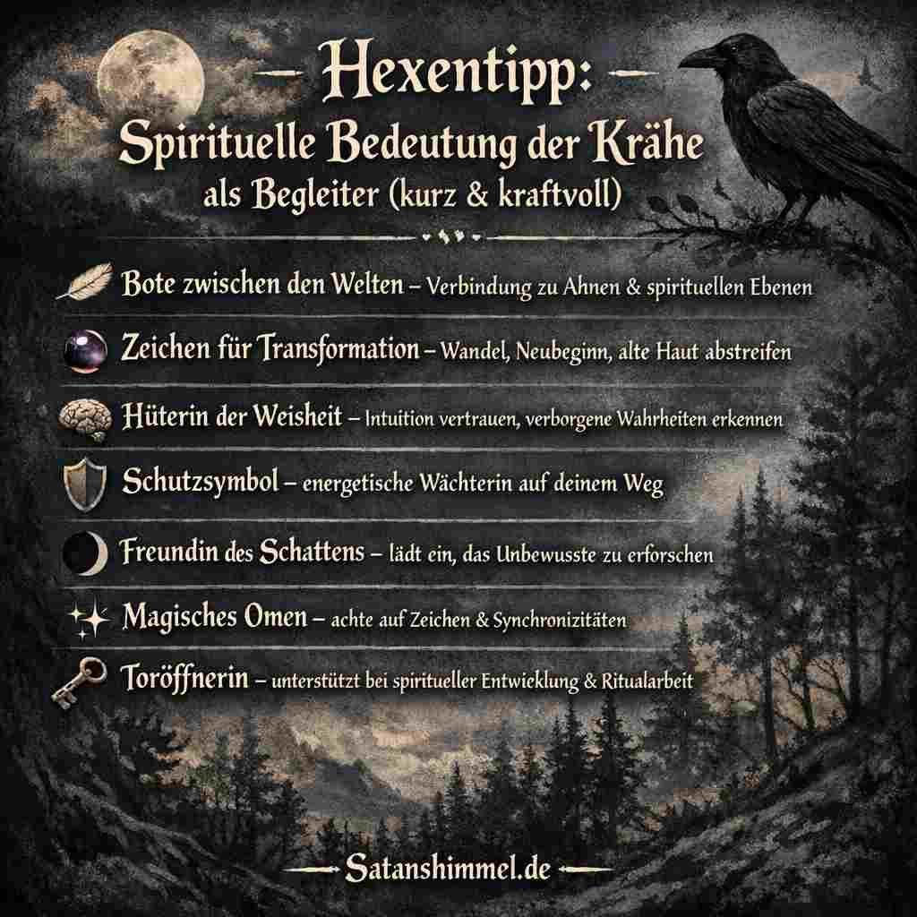Die Krähe als spiritueller Begleiter steht für Transformation, Schutz und die Weisheit, verborgene Wahrheiten zwischen den Welten zu erkennen.