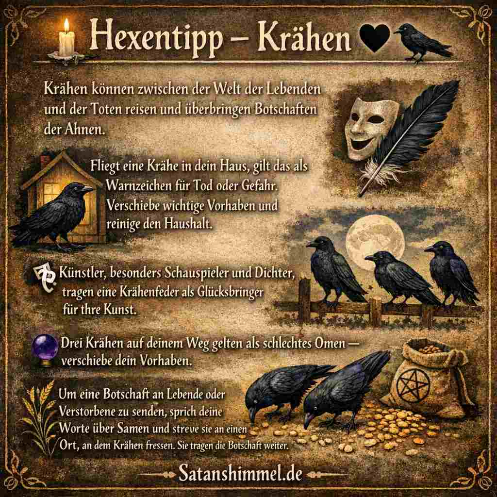 Krähen gelten in vielen Überlieferungen als geheimnisvolle Boten, die symbolisch Nachrichten zwischen der sichtbaren und der unsichtbaren Welt überbringen.