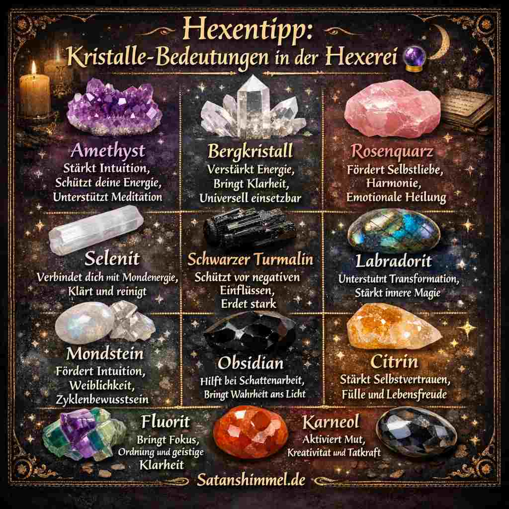 Kristalle haben in der Hexerei symbolische Bedeutungen und werden genutzt, um Intentionen zu verstärken, Energie zu lenken und spirituelle Prozesse wie Schutz, Heilung oder Transformation zu unterstützen.