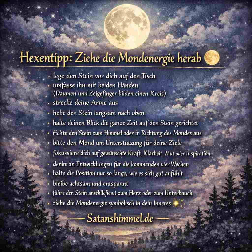 Ziehe die Kraft des Mondes bewusst zu dir herab und lasse seine ruhige, klare Energie in dein Inneres fließen.