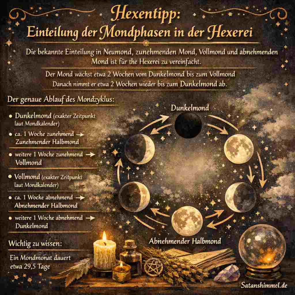 In der Hexerei werden die Mondphasen genutzt, um Rituale zeitlich zu ordnen, wobei zunehmender Mond für Wachstum und Anziehung, Vollmond für Kraft und Manifestation sowie abnehmender Mond für Loslassen und Reinigung steht.
