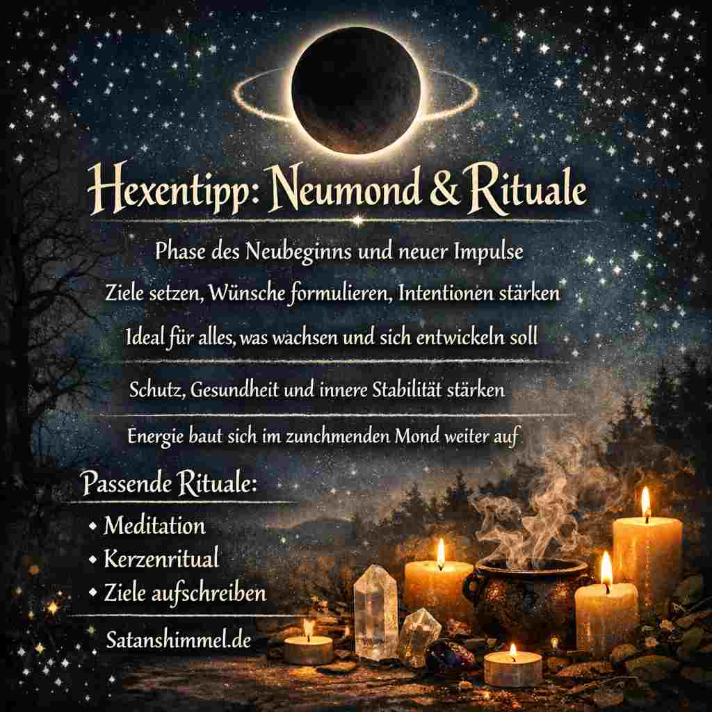 Der Neumond gilt in der Hexerei als kraftvolle Phase des Neubeginns, in der Rituale besonders geeignet sind, um Ziele zu setzen, Intentionen zu stärken und neue Entwicklungen bewusst einzuleiten.