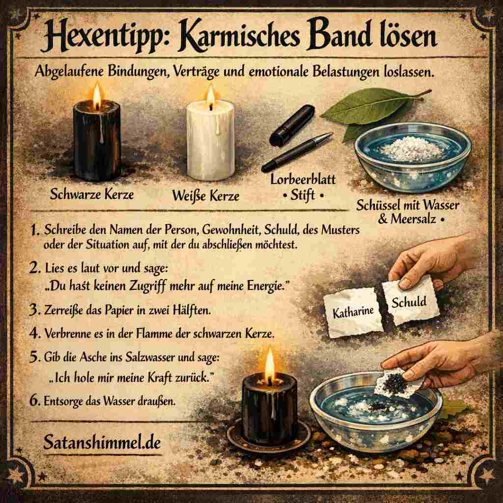 Das Ritual „Karmisches Band lösen“ hilft dir, alte Bindungen, belastende Gefühle oder vergangene Situationen bewusst loszulassen, damit du deine Energie zurückholst und innerlich frei weitergehen kannst.